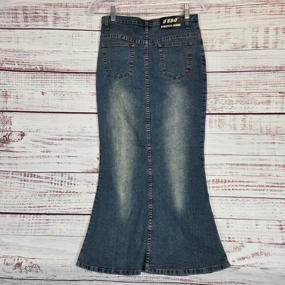 Y2K Mermaid Trumpet Flare Denim Maxi Skirt 5/6 Med Blue Stretch Jean Retro Fade - Picture 2 of 13